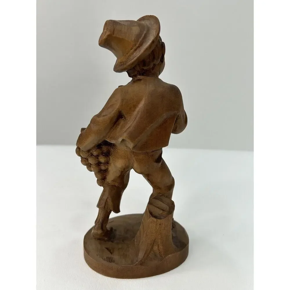 Vintage 1960’s Brown Wood Hand Carved German Oberammergau Boy‎ Holding Grapes